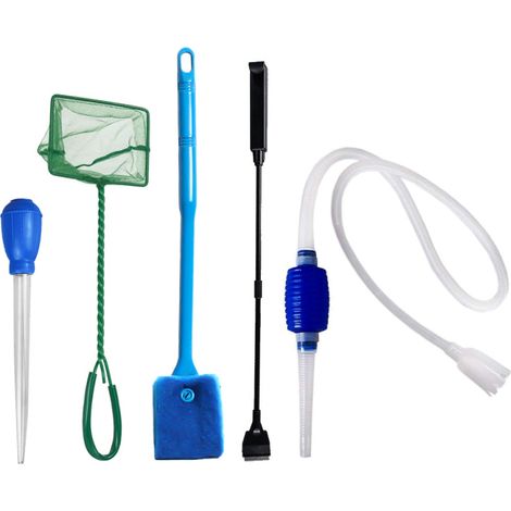 Kit de limpieza para acuarios 5 en 1: limpiador de grava, sifón, cambiador de agua con pipeta, limpiador de residuos, raspador de algas, cepillo de esponja de doble cara y red. (1/5)