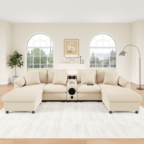 Canapé modulable 315,5x144x84,5 cm - tissu corduroy - configuration en u ou l -avec console multimedia : bluetooth,chargeur sans fil, usbtype-c beige (1/5)