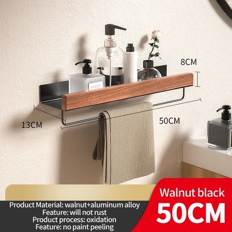 Étagère d'angle en bois et aluminium (poteau noir de 50 cm) pour ranger le shampoing, le gel douche et organiser la salle de bain. Accessoires de salle de bain. (1/5)