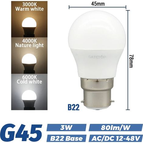 Ampoules LED 12V-48V (3W B22, blanc chaud 3000K), lot de 5, basse tension (1/2)