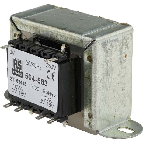 Rs Pro – Transformateur pour tableau électrique 230V c.a. – Sortie 18V c.a. – 20VA – 2 sorties – Montage à brides – Dimensions 59x57x50mm