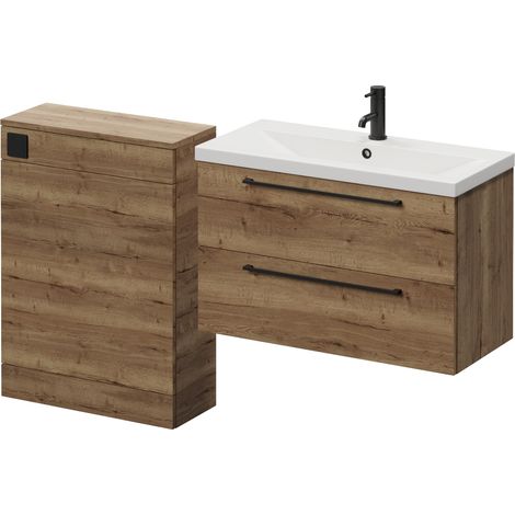 Napoli 390 Cento Tobacco Oak 1400mm Wall Mounted 2 Drawer Vanity Unit and Toilet Suite with Glide Basin - 1400mm - Matt Black 480mm HandleWithout Kingston Toilet Pan