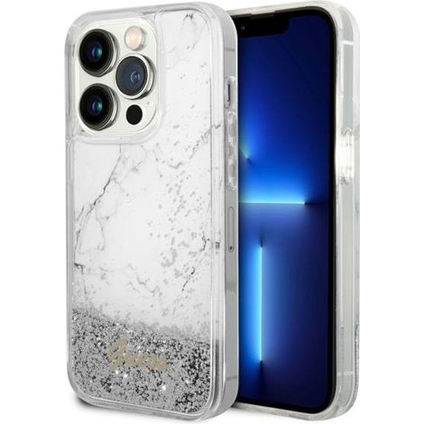 Funda rígida Guess GUHCP14LLCSGSGH para iPhone 14 Pro de 6.1 pulgadas, color blanco/blanco, con efecto mármol y purpurina líquida. (1/5)
