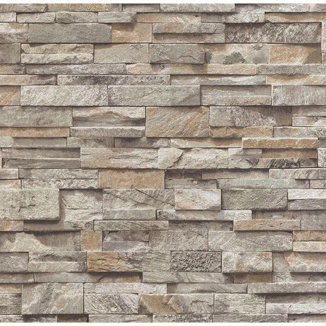 3D Beige Grey Slate Stone Wallpaper Sandstone Brick Effect Rustic Textured (1/2)