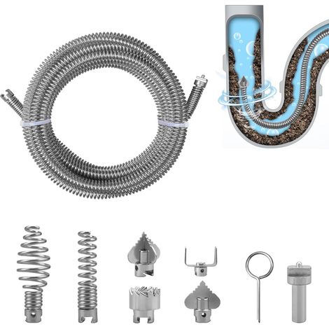 Pipe Cleaning Spiral 5 m Diameter 12 mm Spiral with 6 Cutting Heads and 1 Power Adapter, Multi-Functional Steel (Galvanized)