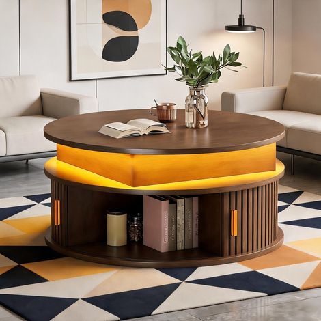 Table basse ronde en noyer avec rangements et LED walnut en MDF (1/5)