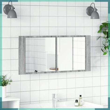 834960 Armoire à miroir à LED de bain gris sonoma 100x12x45 cm (1/5)