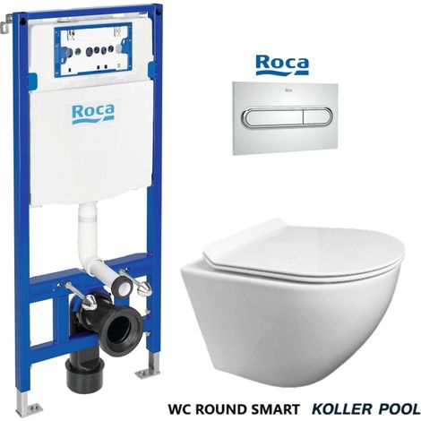 PACK ROCA DUPLO Bati-Support RÉSERVOIR ENCASTRABLE ET PLAQUE PL1 CHROME BRILLANT AVEC WC SUSPENDU KP ROUND SMART Abattant Fin Blanc (1/5)