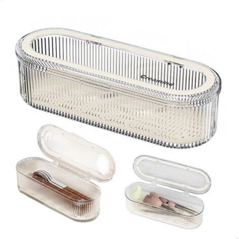 1 Boîte à couverts 2 en 1 avec plateau égouttoir et rangement pour pinceaux de maquillage, idéale pour la cuisine, la chambre et la salle de bain (transparente). (1/4)