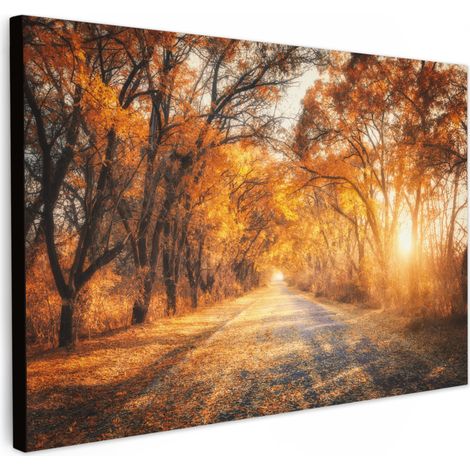 TABLEAU SUR TOILE Forêt - Automne - Arbres - Chemin forestier - Nature Toile Decoration Murale Grand 140x90 cm