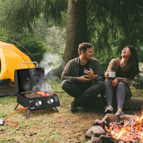 Outsunny Klappbarer Gas-Tischgrill mit 2 Brennern, tragbarer Gasgrill mit Deckel, Kohlenstoffstahl für Camping, Picknick und Garten, 55 x 46,5 x 41 cm, Schwarz