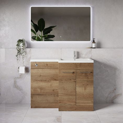 Napoli 390 Tobacco Oak 1100mm 2 Door Vanity Unit Toilet Suite with Square Right Hand Lucia Basin - 1100mm - Chrome 160mm HandleWithout Kingston Toilet Pan