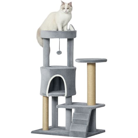 Albero tiragraffi da 100 cm, torre per gatti da interno, centro attività per gatti con tiragraffi, trespolo imbottito, scaletta e palla sospesa - Grigio chiaro