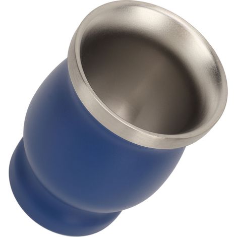 Tasse isotherme en forme de calebasse (230 ml) à double paroi en acier inoxydable avec cuillère, paille et goupillon. Idéale pour le thé, le café et le vin. Couleur : bleu. (1/5)