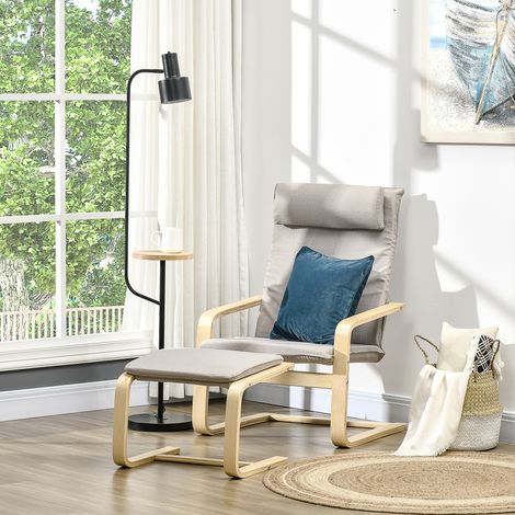 Fauteuil avec Relax repose-pieds en bois et tissu avec appuie-tête - 67x69x100cm - gris