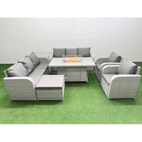 Fimous PE Rattan High Back Lounge Sofa Set Patio Firepit Dining Table & Chairs Set with 3 Seater Sofa Reclining Chair Big Footstool Side Table Light Grey (1/4)