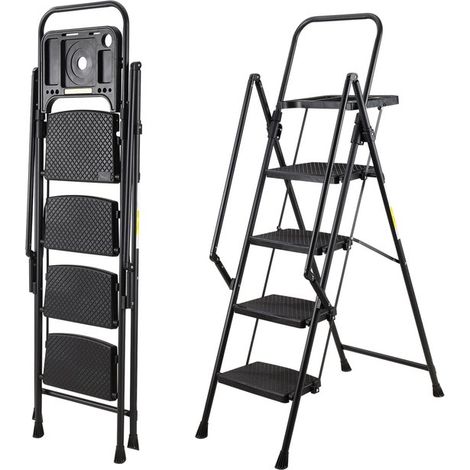 Scala a pioli pieghevole, scala da cucina, scala pieghevole in acciaio, scala a pioli per uso domestico, antiscivolo, con corrimano e blocco di sicurezza, portata 150 kg, per uso domestico (1/5)