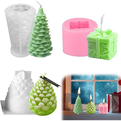 3 Pièces Moule Bougie Noel, Moule en Silicone Sapin de Noel, Moules Bougie Pomme de Pin, Moules à Bougies Aromatique Bricolage Pour Parfumée, Savon, Chocolat (1/5)