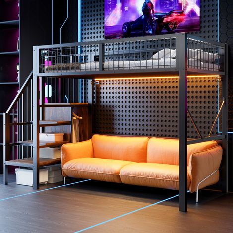 Lit mezzanine 90x200 cm noir en métal et bois avec échelle de rangement, garde-corps et éclairage LED (1/5)