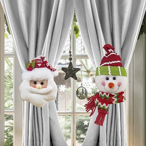 Embrasses de rideaux de Noël, décorations avec le Père Noël et un bonhomme de neige, embrasses de rideaux décoratives (ensemble de deux pièces) (1/4)