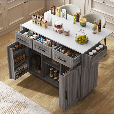 Carrello da cucina 139x46x91,5 cm in pannelli di legno grigio, con vani contenitore FloraGrace (1/5)