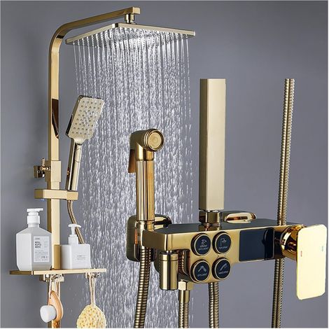 Ensemble de douche mitigeur thermostatique intelli Ensemble de douche numérique chaud et froid robinet système de douche de salle de bains robinet de douche en or noir pommeau de douche carré système (1/5)
