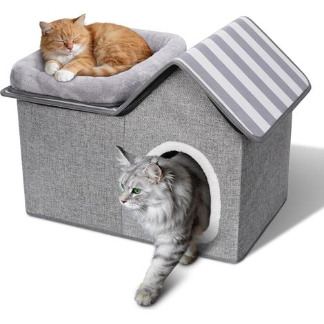 Caseta de invierno para gatos, cálida caseta para mascotas con cojín extraíble, adecuada para cachorros y gatos, color negro grisáceo. (1/5)