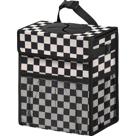 Papelera de pana para coche con tapa y bolsillos de malla – Organizador impermeable, papelera multifuncional impermeable para coche (cuadros blancos y negros, 2 galones)