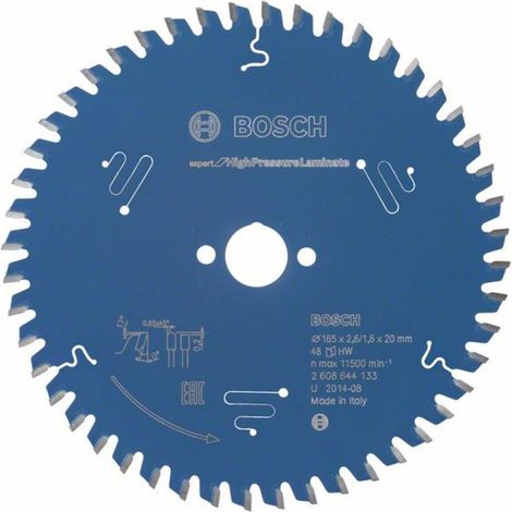 Bosch – Lame de scie circulaire 165 mm – Alésage 20 mm – Épaisseur 1.6 mm – Largeur de coupe 2.6 mm – 48 dents pour stratifié haute pression