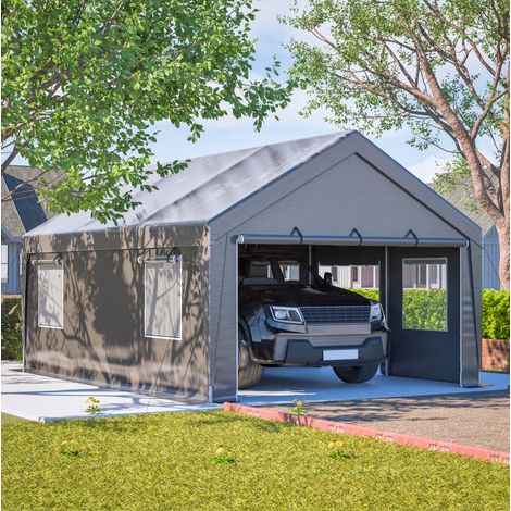 REDOM - Tente garage 611x396x300 cm, portes enroulables, moustiquaires, protection UV, PE, fer et tissu imperméable gris (1/5)