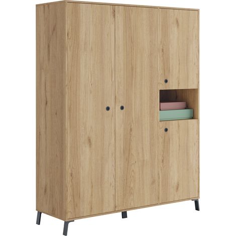 Armoire placard / meuble de rangement coloris chêne doré - Hauteur 200 x Longueur 150 x Profondeur 55 cm -PEGANE-
