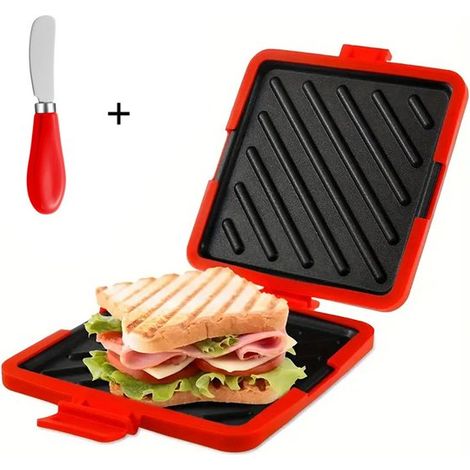 Appareil à sandwichs pour micro-ondes - Appareil à sandwichs - Plaque de cuisson - Appareil à panini - Grille-pain - Couteau à beurre inclus - Silicone - Rouge (1/5)