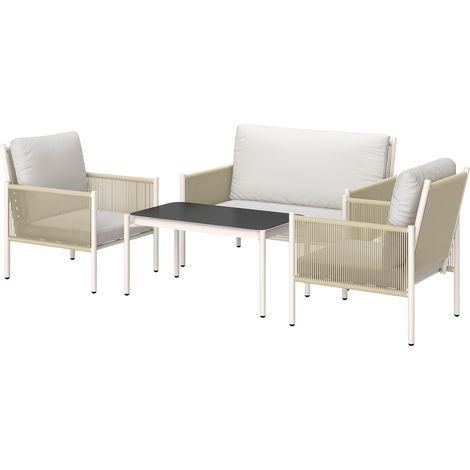 Ensemble de mobilier de jardin en polyrotin comprenant un canapé 2 places, un fauteuil, une table en verre, des coussins, pour 4 personnes, marron et gris.