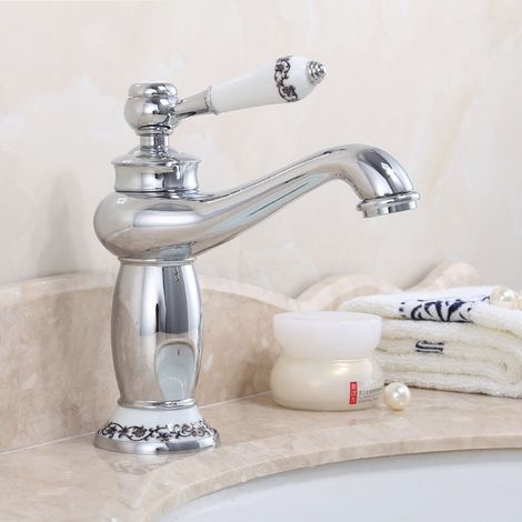 Massive Messing-Waschbeckenmischer im europäischen Retro-Stil, Badezimmerarmatur mit Keramik und flexiblem Schlauch, silberne Oberfläche-lsw