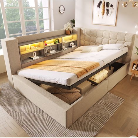 Cama doble almacenamiento LED cabecero flexible OKMYHOME (1/5)