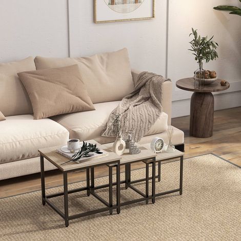 Lot 3 tables d’appoint acier effet bois naturel salon canapé d’angle (1/5)