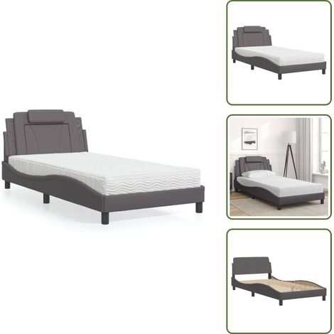 The Living Store Lit avec matelas gris 100x200 cm similicuir - Lit Double - Lit Avec Matelas - Lit Design - Lit Moderne - Lit Confortable (1/5)