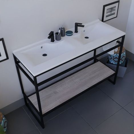 Meuble salle de bain STRUCTURA 120 cm avec plan double vasque- Résine - Bois