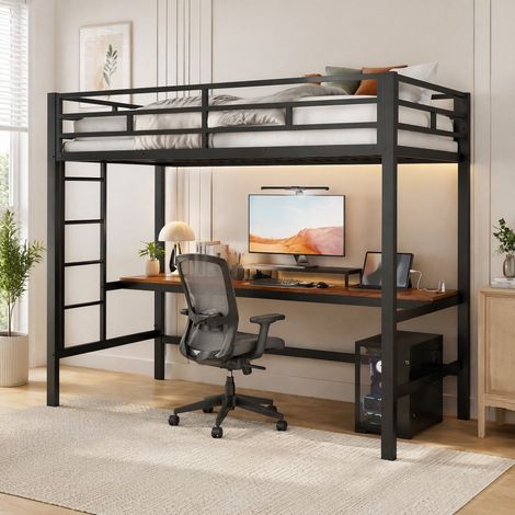 Hochbett 90x200 cm Schwarz aus Metall und MDF mit Schreibtisch, Leiter, Geländer, USB-Anschlüssen und LED-Lichtleiste (1/5)
