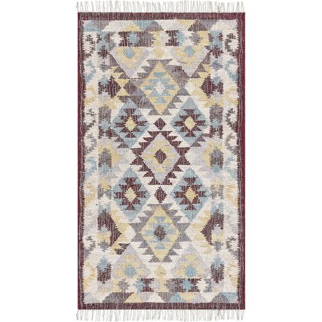 Alfombra de yute beige rojo azul 80 x 150 cm hecho a mano borlas Fener