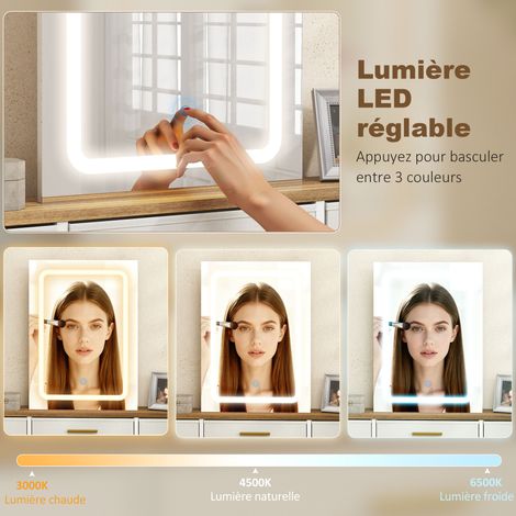 Coiffeuse miroir LED 3 couleurs 10 tiroirs tissu 118,5x39,5x140 cm naturel
