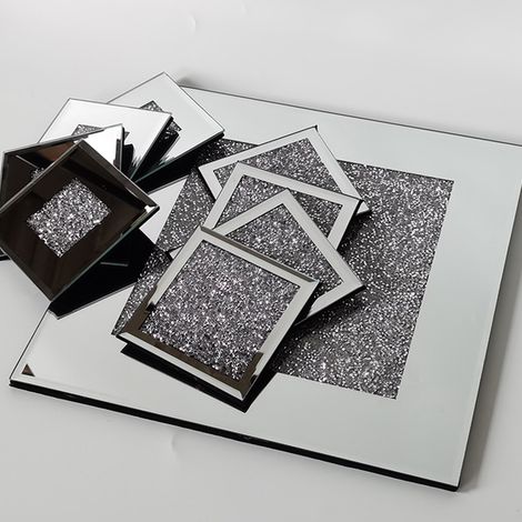 Coaster En Verre - 10 X 10 Cm - Effet Miroir Et Paillettes Verre Concassé - Décoration Table Salle À Manger Café - Lot De 4 (1/5)