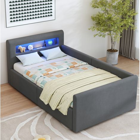 Lit 90x200 enfant rangement hydraulique LED gris OKMYHOME (1/5)