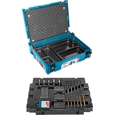 Makita – Coffret MakPac 56 accessoires – 6 embouts longs 100 mm – 34 embouts 50 mm – 5 mèches bois Ø3/4/5/6/8 mm – 6 forets HSS-TiN Ø3/3,5/4/5/6/8 mm – B53768