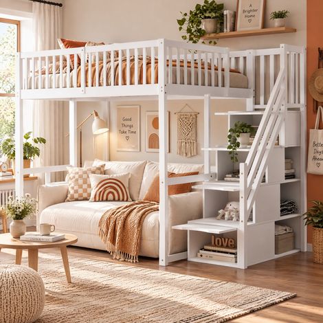 JOOKGBD-Lit Mezzanine Enfant 140×200cm en Pin Massif Blanc, Escalier de Rangement, Garde-corps de Sécurité, Sommier à Lattes, Grand Espace Sous le Lit Gain de Place pour Chambre Enfant et Adulte (1/5)