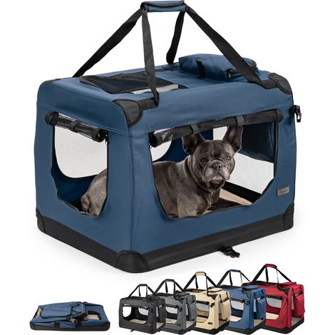 lionto Hundetransportbox faltbar, stabile Stoffbox mit Mesh-Einsätzen, ideal für Auto, Reise & Tierarzt, 70x52x50 cm, dunkelblau (1/5)