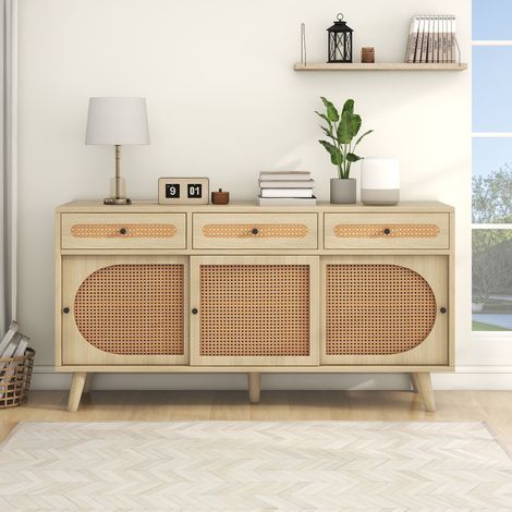 Buffet en bois, 140 cm de long, porte en rotin en PE et étagères réglables, 3 tiroirs, buffet avec 3 portes coulissantes (1/5)