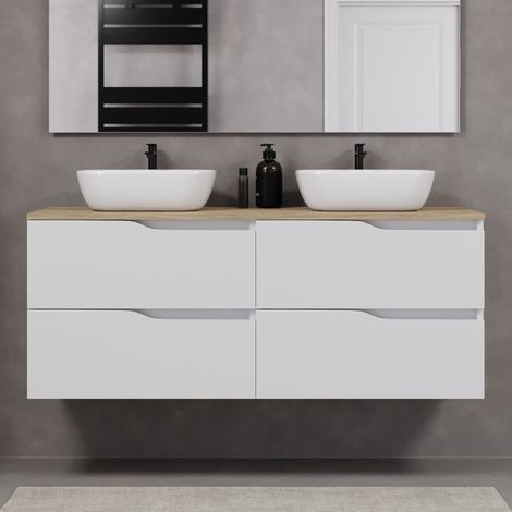 Meuble de salle de bain 140cm avec plateau miel et deux vasques à poser zeus - 4 tiroirs - sans miroir - blanc - LUNA (1/5)