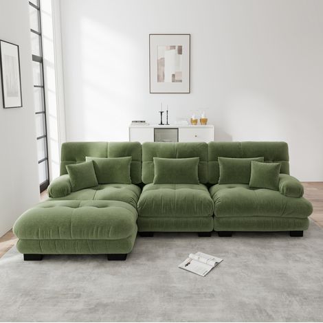 Divano angolare modulare 313x145x81 cm verde in chenille con pouf mobili