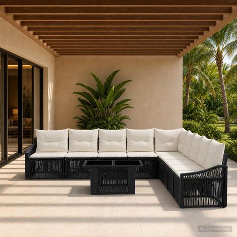 vidaXL Set Divano da Giardino 10 pz Nero e Bianco Crema polyrattan (1/5)